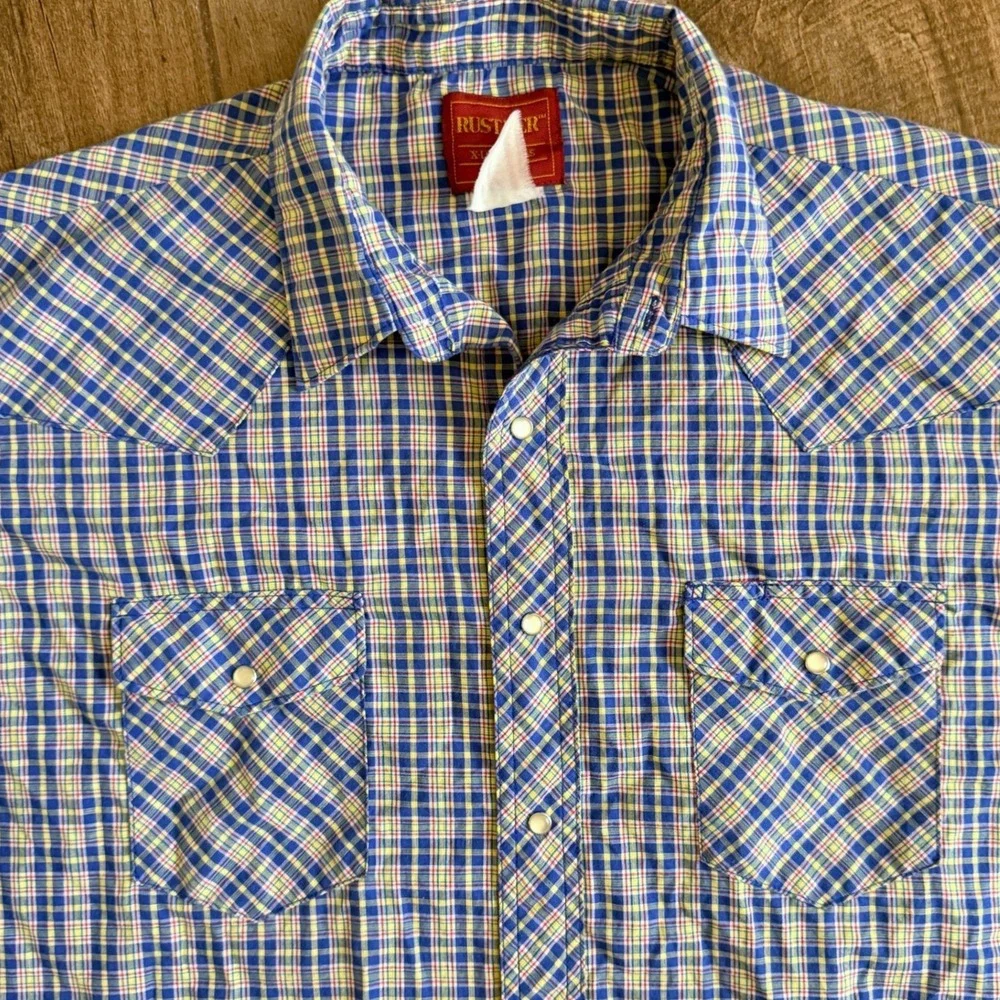 Wrangler Rustler‎ VTG Western Plaid Single Stitch Snap SS Shirt,Blue Yellow,XLT